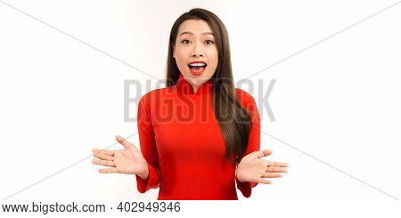 Woman In Vietnamese Tranditional  Costume Being Surprised