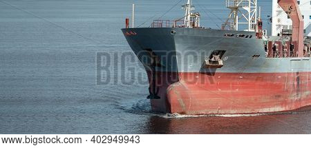 Closeup Of Multipurpose Ship Bulbous Bow Underway.