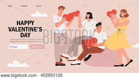 Valentines Day Banner, Advertisemen, Landing Web Page With Greeting. Men And Women On A Blind Date. 