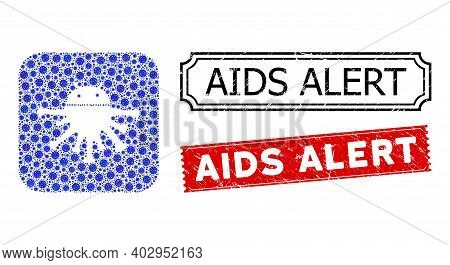 Vector Mosaic Nanobot And Grunge Aids Alert Seals. Mosaic Nanobot Created As Hole From Rounded Squar