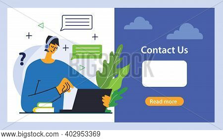 Handsome Businessman With The Inscription Contact Us. Cartoon Character. Stock Vector Illustration I
