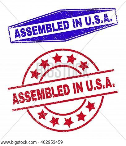 Assembled In U.s.a. Stamps. Red Round And Blue Flattened Hexagon Assembled In U.s.a. Seal Stamps. Fl