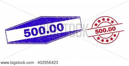 500.00 Stamps. Red Round And Blue Stretched Hexagon 500.00 Watermarks. Flat Vector Textured Stamps W