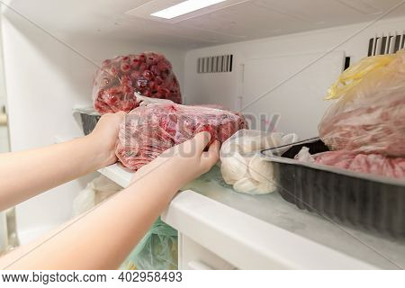 A Woman Puts Frozen Fruit Products In The Freezer, For Long-term Preservation.