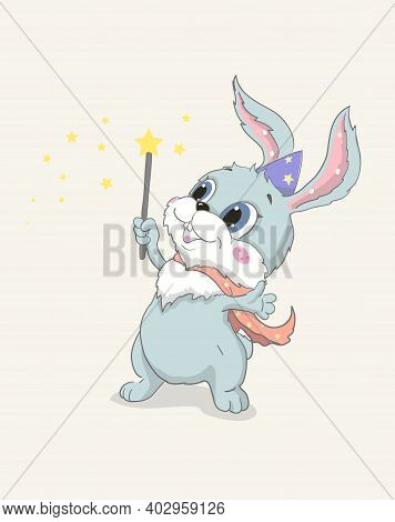 Hand Drawn Cute Rabbit, Little Happy Bunny With Magic Wand, Cartoon Hare Playing A Wizard, Vector Is