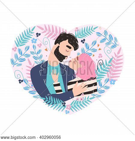 Vector Valentine Card With Cute Characters. Romantic Couple In Love Kissing. World Kissing Day. Clip