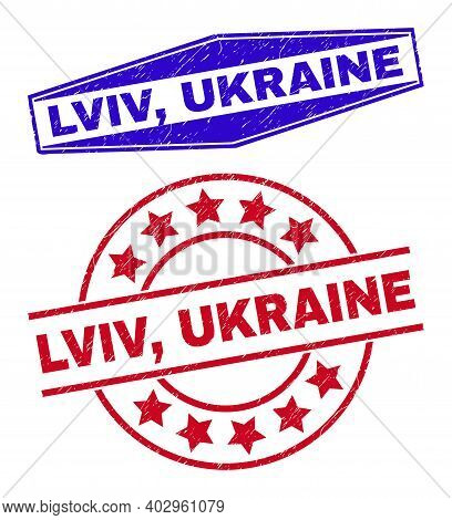 Lviv, Ukraine Badges. Red Circle And Blue Stretched Hexagon Lviv, Ukraine Stamps. Flat Vector Textur