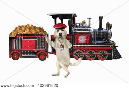 A Dog Railwayman Is Standing Next To A Train With A Dry Food. White Background. Isolated.