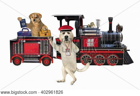 A Dog Railwayman Is Standing Next To A Train With A Passenger. White Background. Isolated.