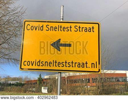 Almere, The Netherlands - January 12, 2021: Dutch Direction Sign For The Covid Fastest Street.