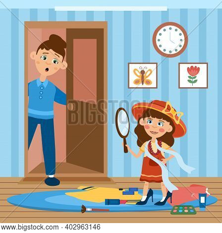 Little Girl Playing With Mothers Cosmetics As Her Distraught Mum Opens The Door To Find Her, Colored