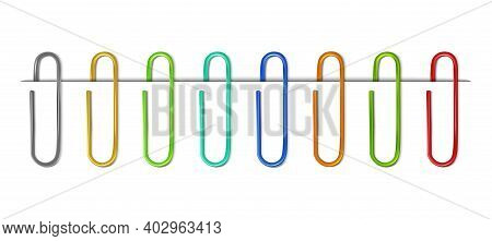 3d Realistic Colorful Collection Of Paperclips With Paper.