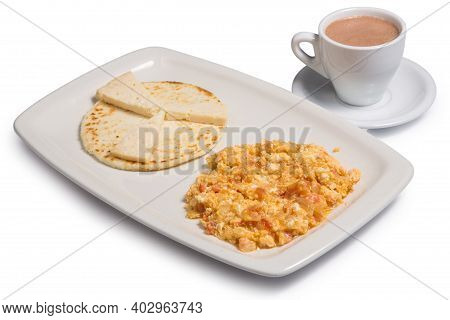 Colombian Food Called Arepa Con Omelette, Cup Of Coffee, On A White Background