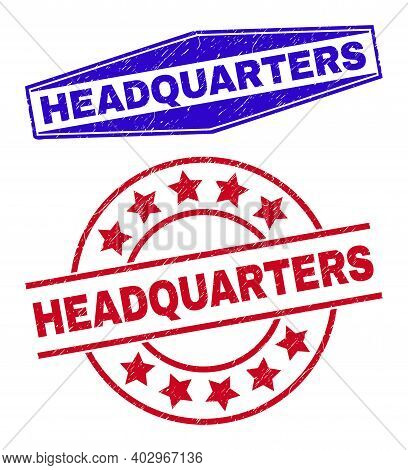 Headquarters Stamps. Red Rounded And Blue Compressed Hexagon Headquarters Rubber Imprints. Flat Vect