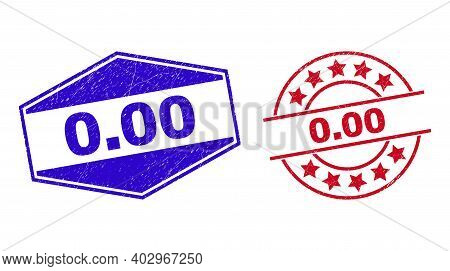 0.00 Stamps. Red Round And Blue Extended Hexagonal 0.00 Watermarks. Flat Vector Distress Stamps With