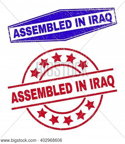Assembled In Iraq Badges. Red Circle And Blue Compressed Hexagonal Assembled In Iraq Watermarks. Fla