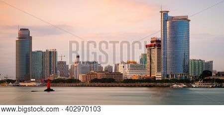 Xiamen, China city skyline at twilight.