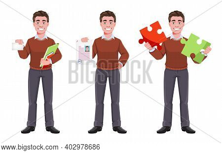 Stock Vector Successful Business Man, Set Of Three Poses. Manager Character Design. Flat Style Vecto