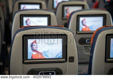 Moscow, Russia - March 27. 2019. Economy Class On An Aeroflot Plane. Back View