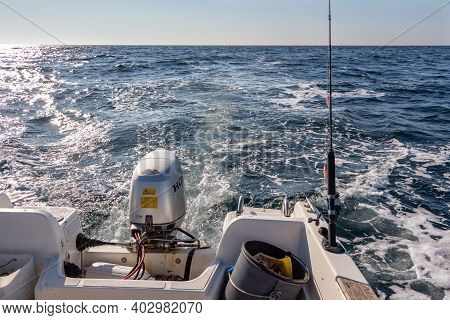 Primelin - France, October 04, 2018 : Honda Motor Of A Boat Sailing