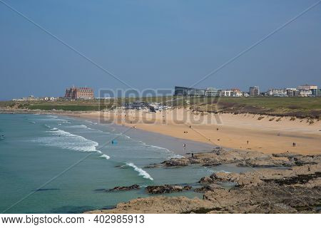 Newquay Cornwall Fistral Beach With Sand And Waves South West Uk