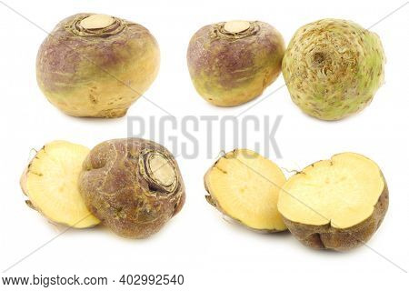 fresh turnips  (brassica rapa rapa) and some cut ones on a white background