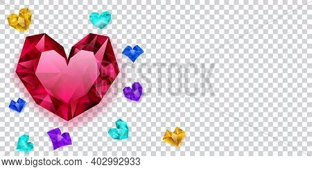 Illustration Of Multicolored Hearts Made Of Crystals Witn Shadows On Transparent Background