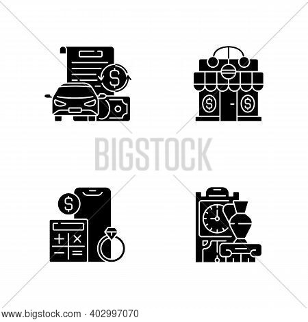 Pawnbroker Shop Black Glyph Icons Set On White Space. Vehicle Title Loan. Pawnshop. Price Calculatio