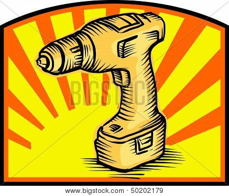 Cordless Drill Power Tool Woodcut Retro