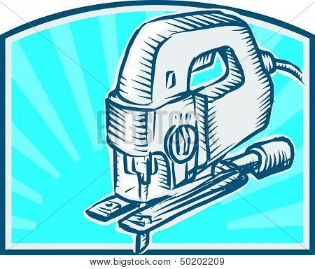 Jigsaw Power Tool Woodcut Retro
