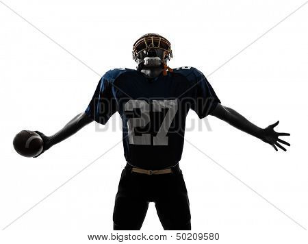 one caucasian american football player man triumphant in silhouette studio isolated on white background