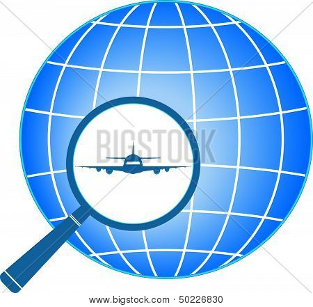 blue icon with plane in magnifier