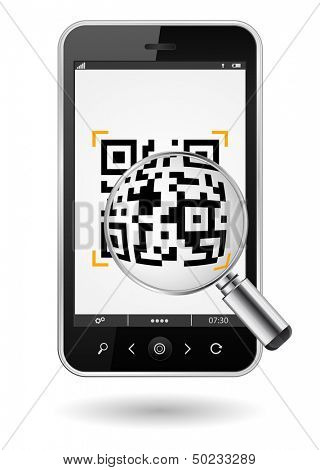 smartphone with QR code and mgnifying glass icon