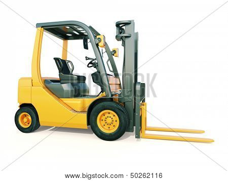 Modern forklift truck on light background
