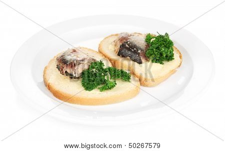 Tasty sandwiches with scomber, isolated on white