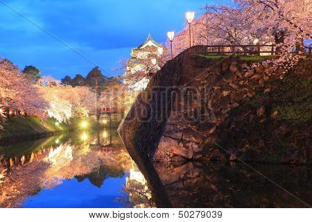 Light Up Of Hirosaki Castle And Cherry Blossoms