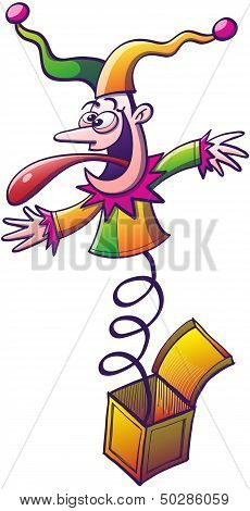 Jester bouncing and emerging from a yellow box