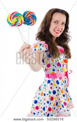 Woman with lollipops isolated on white