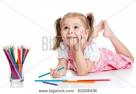 Dreamy Child Girl With Pencils