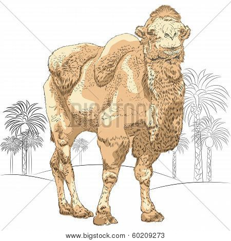 Vector Sketch Of Bactrian Camel In The Desert