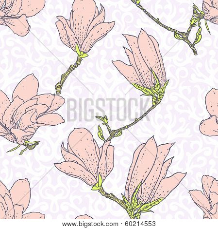 Vintage vector pattern with pink magnolia flowers