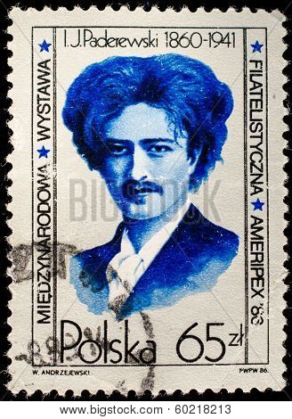 POLAND - CIRCA 1986: Ignacy Jan Paderewski was a Polish pianist, composer, diplomat, politician, and the third Prime Minister of the Republic of Poland, circa 1986. 