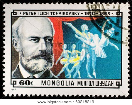 MONGOLIA - CIRCA 1981: A stamp printed by Mongolia, shows Peter Ilich Tchaikovsky, circa 1981 