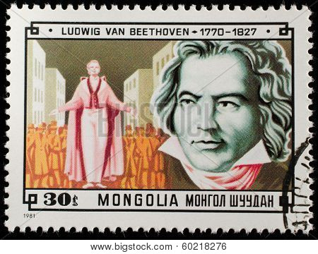 MONGOLIA- CIRCA 1981: A stamp printed in Mongolia shows picture of grate composer Ludwig Van Beethoven circa 1981. 
