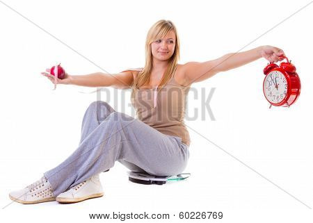 Time For Healthy Diet Slimming. Large Girl With Scale Isolated