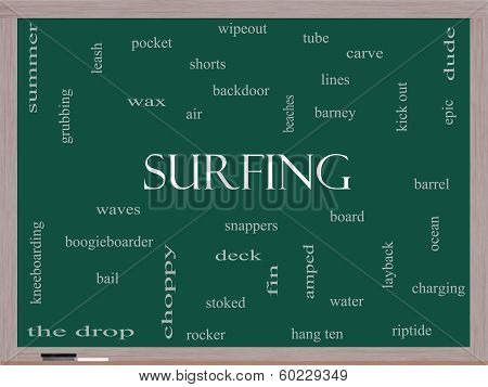 Surfing Word Cloud Concept On A Blackboard