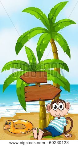 Illustration of a monkey sitting below the wooden arrowboard
