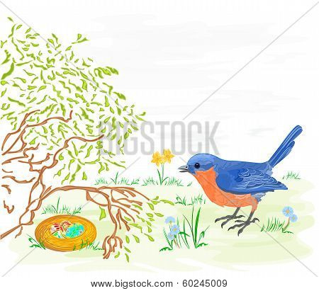 Easter bird with daffodils and easter eggs