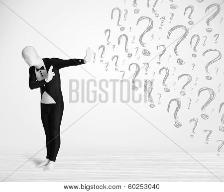 3d human character is body suit morphsuit looking at hand drawn question marks