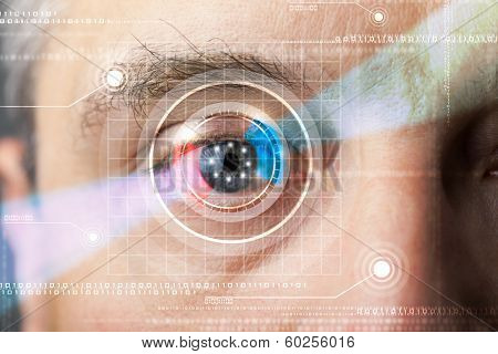 Modern cyber man with technolgy eye looking